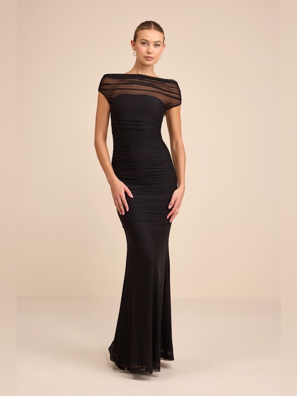 NWT Lulus Sunama Black Mesh Ruched Mermaid Maxi Dress Size Medium
